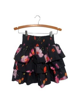 Luella Girls Black Floral Tiered Ruffle Skirt Size 8 Elastic Pull On Waist